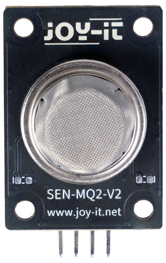 Schwarzes Joy-IT SEN-MQ2-V2 Gassensor-Modul mit kreisförmigem Netz-Sensor und Vier-Pin-Stecker