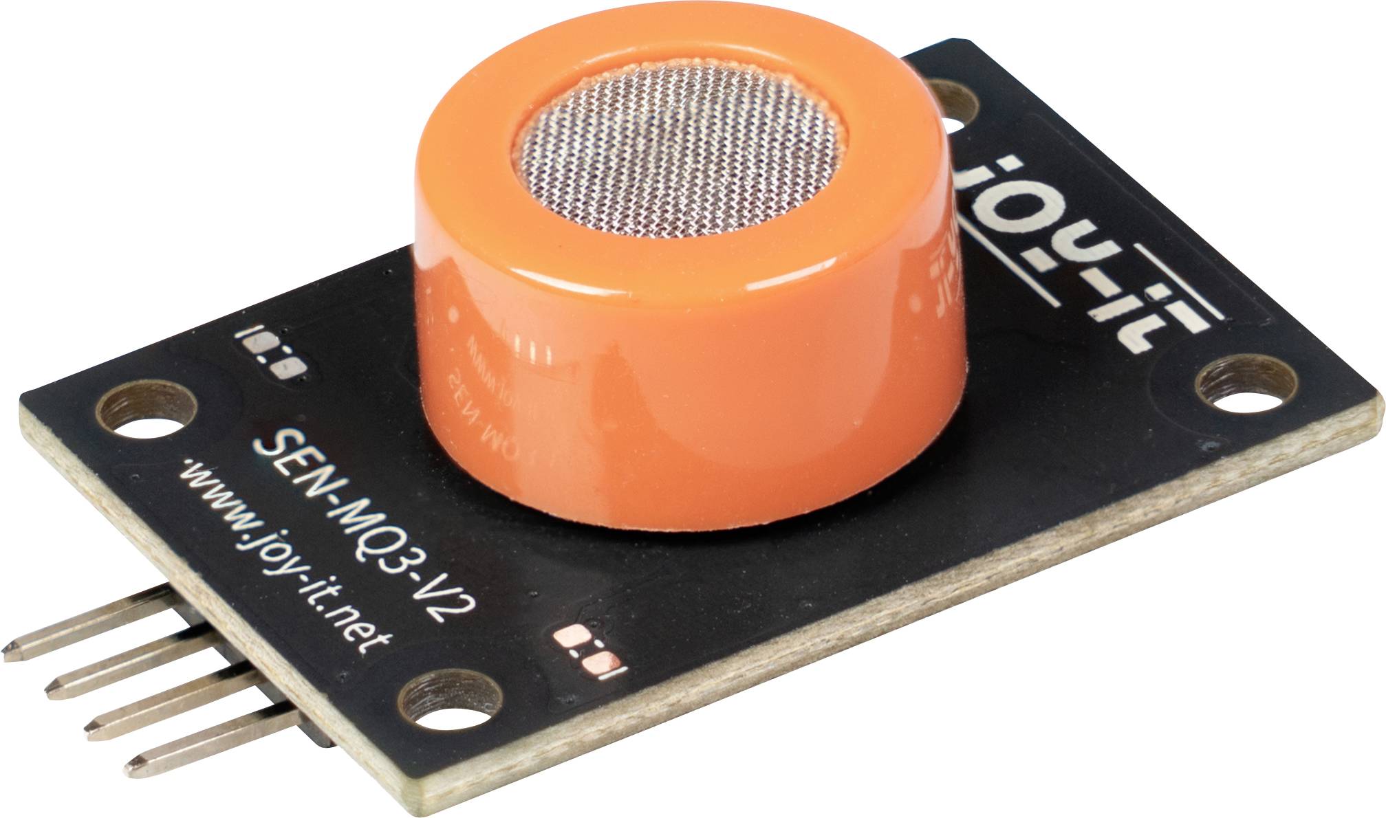 Oranges Gassensor-Modul auf einer Leiterplatte mit Vier-Pin-Stecker und Beschriftung 