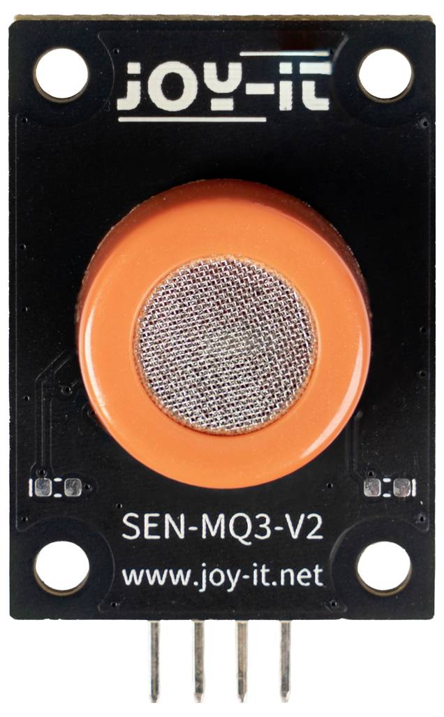 Nahaufnahme eines JOY-IT SEN-MO3-V2 Sensormoduls mit orangefarbigem kreisförmigem Sensorelement, vier Befestigungslöchern und vierpoligem Stecker.