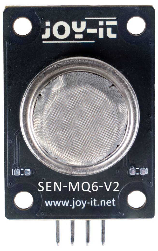 Foto eines Joy-IT SEN-MQ6-V2 Gassensormoduls mit kreisförmigem Metallsensorgitter, vier Befestigungslöchern und vier Pins unten.