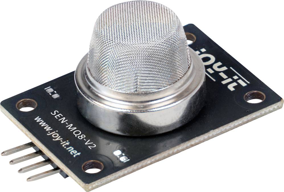 Sensormodulplatine mit einem Metallgitter-Gassensor-Behälter und vierpoligem Stecker, beschriftet mit „SEN MQ8-V2