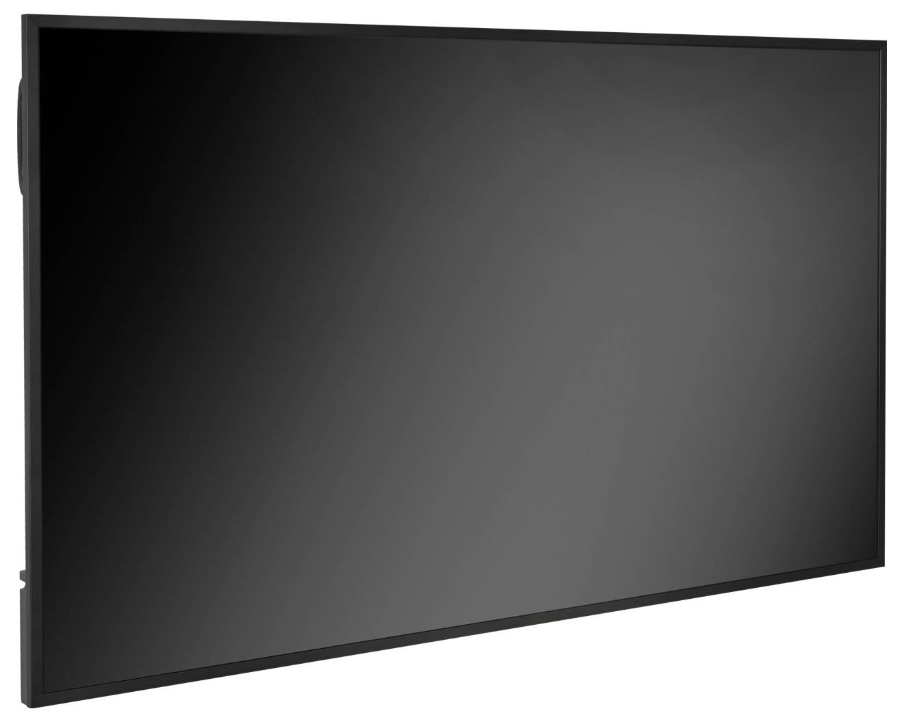 Schwarzer Flachbildfernseher oder Monitor in schrägem Winkel auf weißem Hintergrund dargestellt.