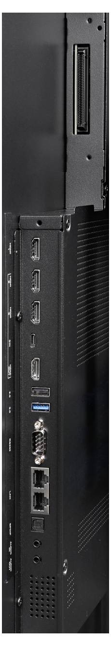 Seitenansicht eines Computermonitors mit dem hinteren E/A-Panel mit mehreren Anschlüssen, einschließlich HDMI, USB, Audio- und Netzwerkverbindungen.
