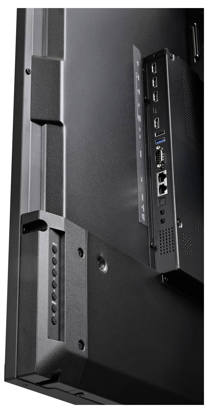 Rückansicht eines Flachbildfernsehers mit seitlich angebrachtem Eingabepanel mit mehreren Anschlüssen, einschließlich USB, HDMI, Ethernet und Audioverbindungen.