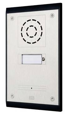 Edelstahl-Wandmontage-Gegensprechanlage mit kreisförmigem Lautsprechergitter, Ruftaste und kleinem Etikettenslot.