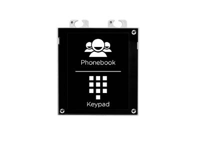 Schwarze Telefonbuch-Tastaturplatte mit Kontaktsymbol und Ziffernraster, wahrscheinlich eine Geräteoberflächen-Schaltfläche oder ein Modul.