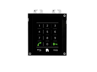 Schwarzes Touchscreen-Tastenfeld mit Nummern 1-9, 0, grünem Anrufsymbol, grünem Schlüsselsymbol, Zurück-Pfeil, Home und Hilfetasten.