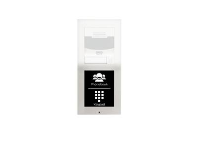 Wandmontierte Sprechanlage mit Lautsprechergitter und schwarzem Bedienfeld mit „Telefonbuch