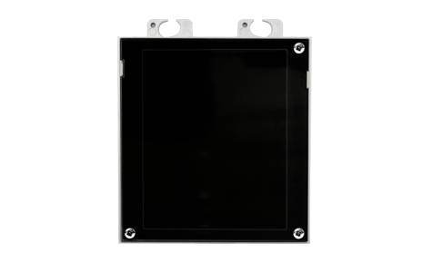 Schwarzes rechteckiges elektronisches Anzeigefeld oder Display mit Befestigungslaschen und Eckschrauben auf weißem Hintergrund.