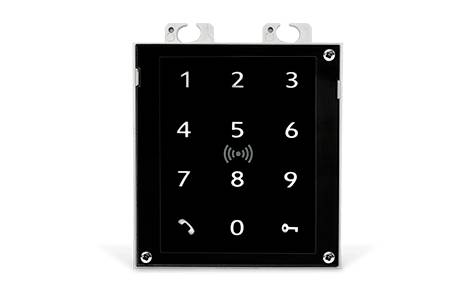 Schwarzes Touch-Tastenfeld für ein Sicherheitssystem mit den Zahlen 1-9 und 0, Telefon- und Schlüsselsymbolen sowie einem Funksignalsymbol in der Mitte.