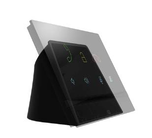 Schwarzes intelligentes Bedienfeld mit beleuchteten Touch-Symbolen, angezeigt auf einer grauen Befestigungsplatte in einer produktstylisierten Darstellung.