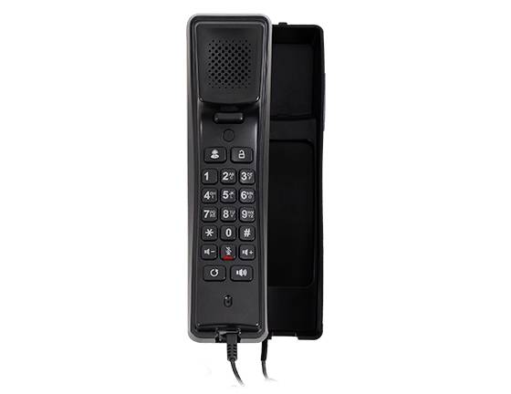 Schwarzer, wandmontierter schnurloser Telefonhörer in einer Ladeschale, mit sichtbarer Tastatur und Lautsprecher.