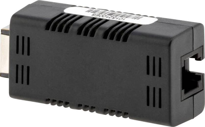 Schwarzer Elektrik-Adapter oder Steckmodul mit USB-ähnlichem Anschluss an einem Ende und einem Etikett oben
