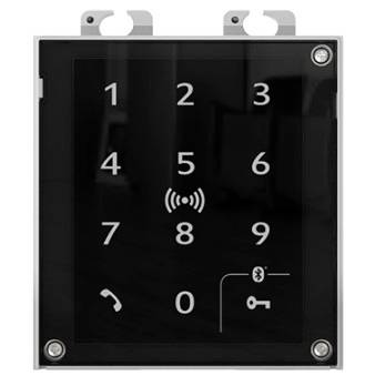 Schwarzes Touchscreen-Tastenfeld mit den Ziffern 1-9 und 0, Telefon- und Schlüsselsymbolen sowie drahtlosem/NFC-Symbol, wahrscheinlich zur Türzugangskontrolle.
