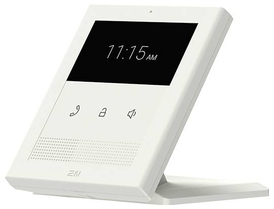 Weiße digitale Tischuhr/Gegensprechanlage mit Anzeige von 11:15 Uhr, mit Telefon-, Schloss- und Lautsrechersymbolen auf der Frontplatte.