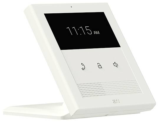 Weiße ZN-Video-Gegensprechanlage auf einem Ständer, zeigt 11:15 Uhr an und Touch-Symbole für Anruf, Entsperren und Lautsprecher.