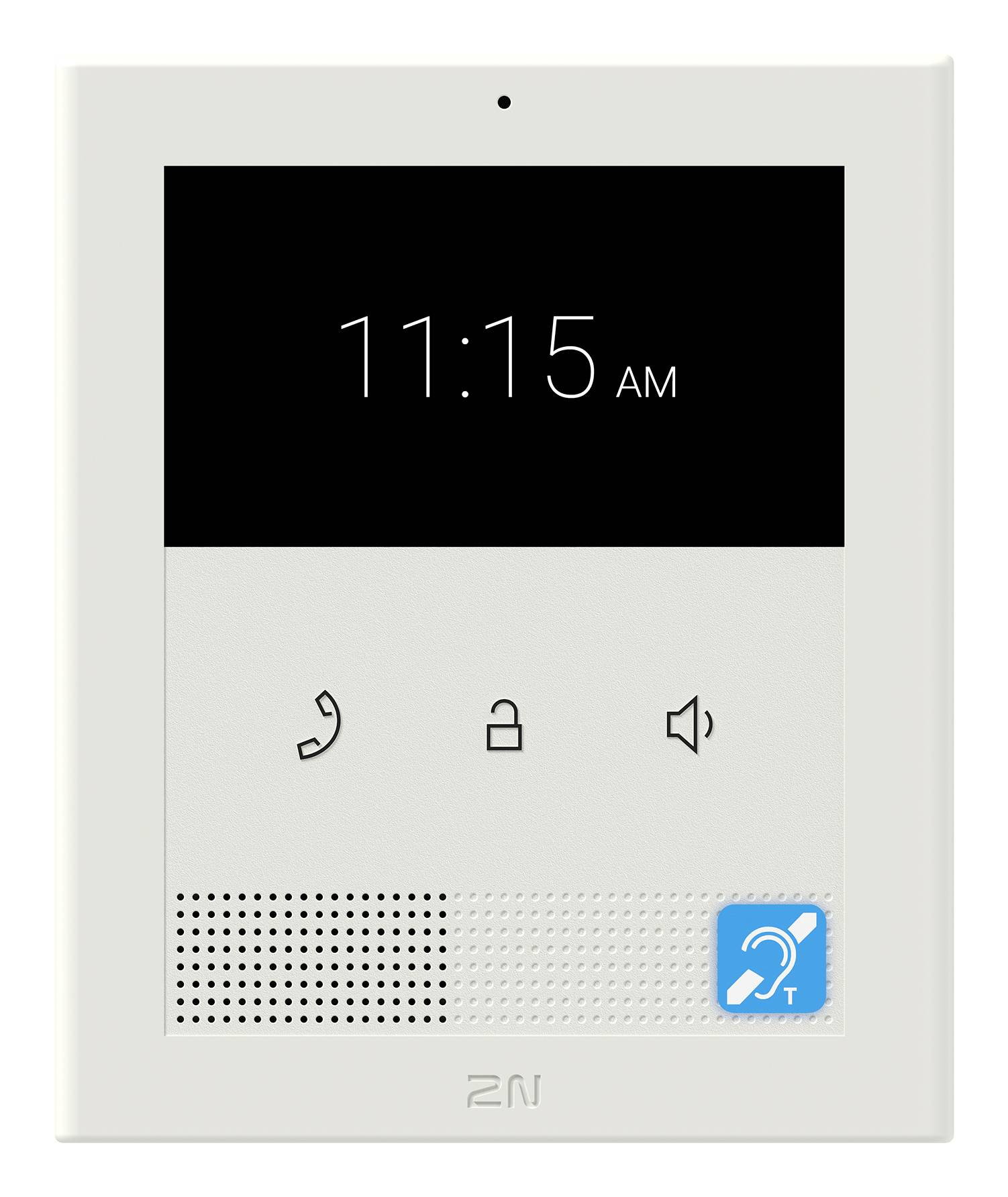 An der Wand montiertes intelligentes Gegensprechanlagen-Touchscreen, das 11:15 Uhr anzeigt, mit Anruf-, Sperr- und Lautsprechersymbolen sowie einem Hörzugänglichkeitssymbol.