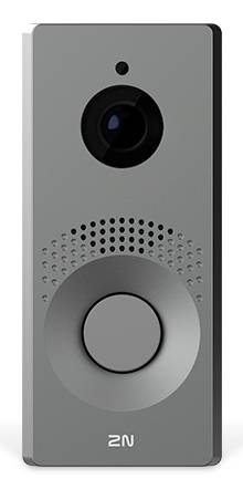 Silber 2N Türsprechanlage mit Kameraobjektiv oben, Lautsprechergitter und großem rundem Ruftaster darunter.