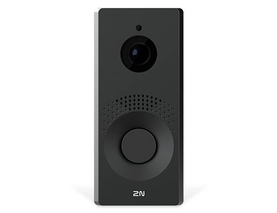 Schwarze 2N Videotürsprechanlage mit Kameraobjektiv, Sprechergitter und großem Anrufknopf auf weißem Hintergrund