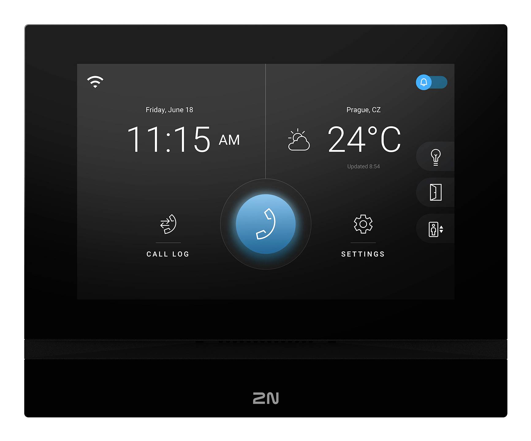 Wandmontiertes intelligentes Bedienfeld mit Anzeige von 11:15 Uhr, Freitag 18. Juni, Prag, CZ, 24°C, mit Anrufliste und Einstellungssymbolen sowie einer zentralen Telefontaste.