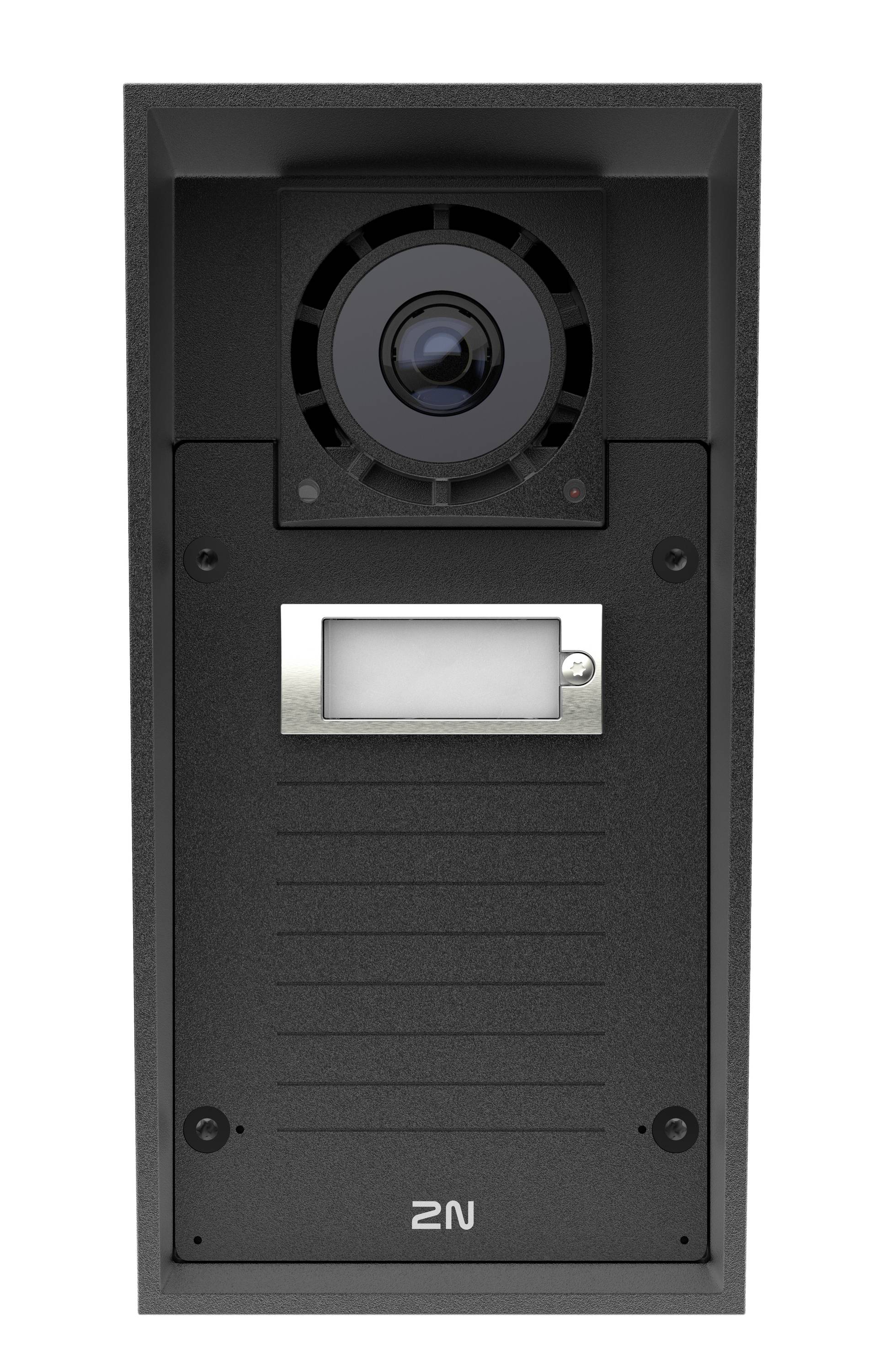 Schwarzes 2N-Videotürsprechanlage-Panel mit Kameralinse oben, Lautsprechergitter und Namenschildschlitz darunter.
