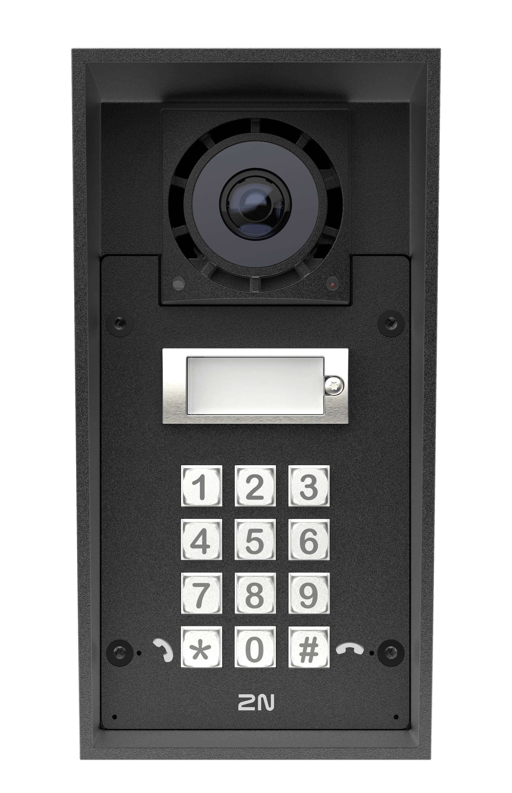 Schwarzes 2N Videogegensprechanlage-Panel mit Kamera, Namensschild und numerischer Tastatur für Türzugang.