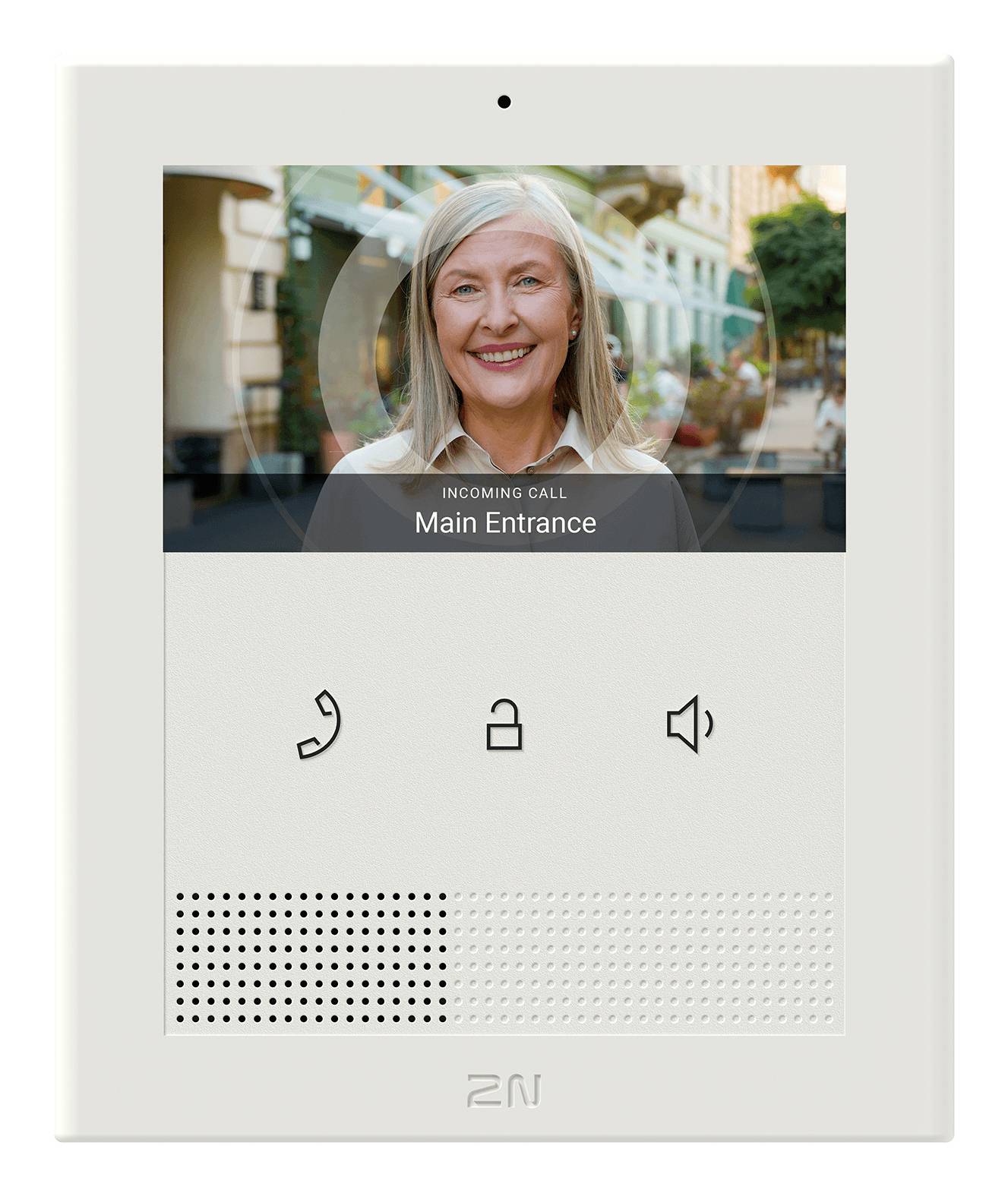 Videosprechanlage mit einer Frau auf dem Bildschirm, Text 