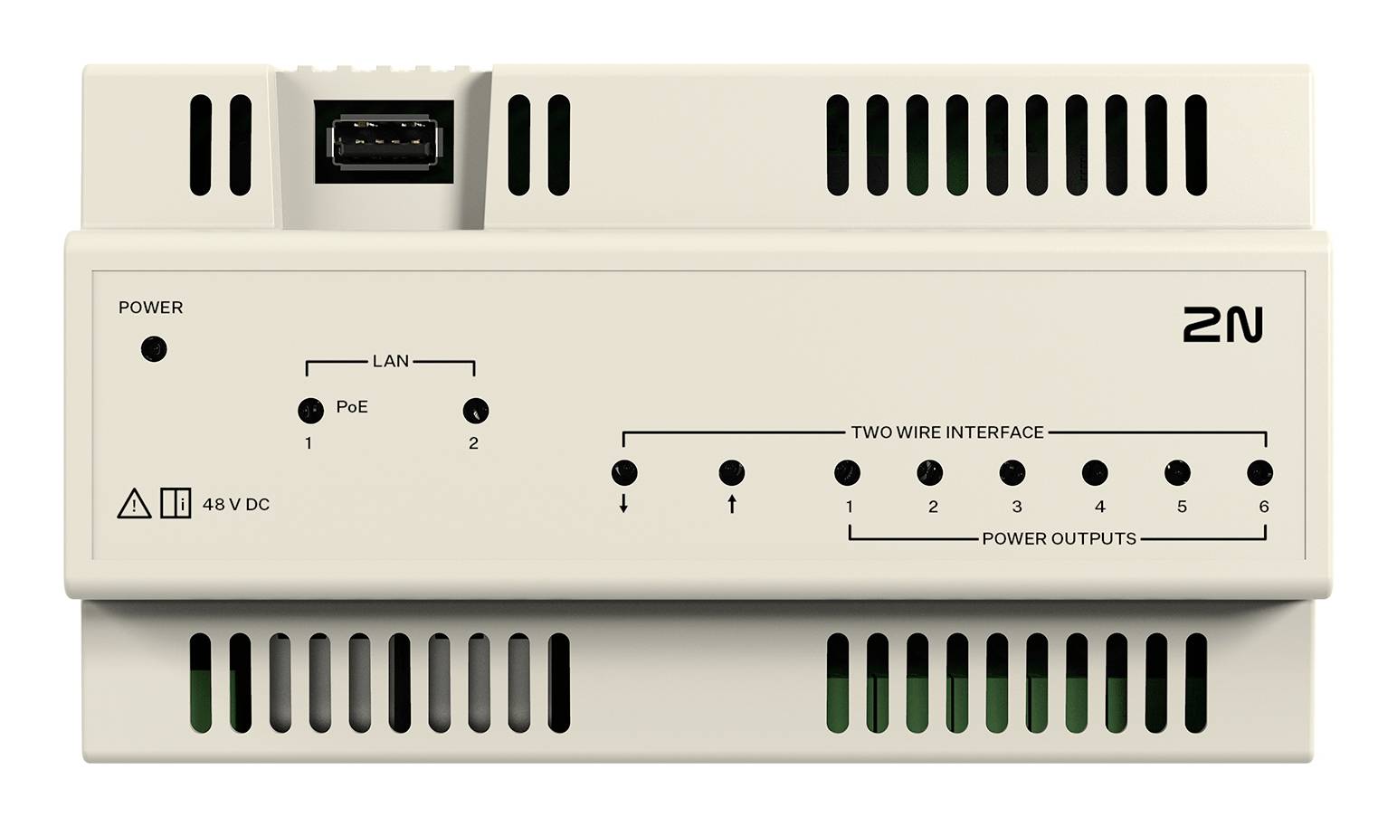 Beige-farbenes 2N-Stromverteilerpanel mit LAN/PoE-Anschlüssen, Stromindikator, 48 V DC-Eingang und sechs nummerierten Stromausgängen.