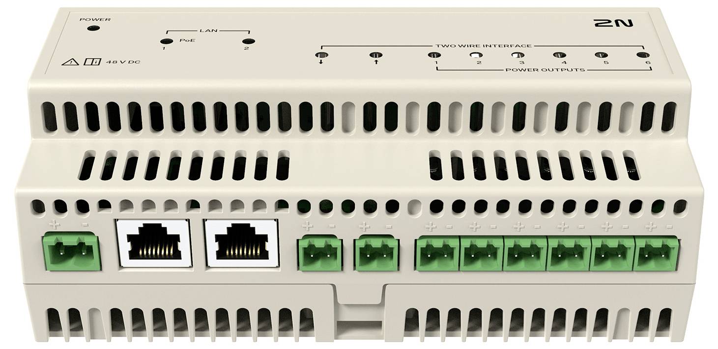 Industrielles 2N-Kommunikationsmodul mit Lüftungsschlitzen, Statusanzeigen und mehreren Ethernet- und Stromanschlüssen auf der Frontplatte.