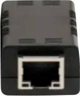 Nahaufnahme eines schwarzen Ethernet-Netzwerkanschlusses mit einer weißen RJ45-Buchse.