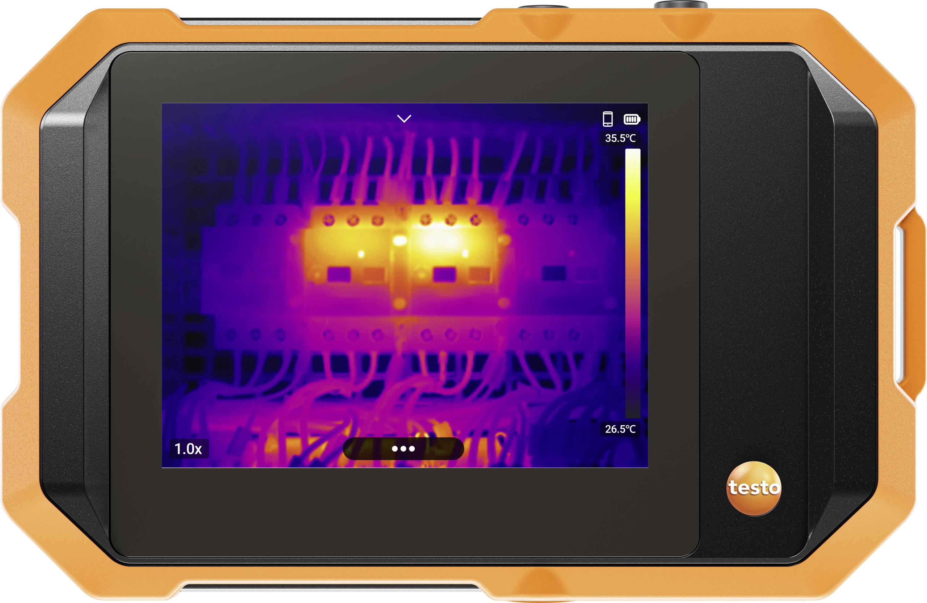 Tragbare Wärmbildkamera zeigt ein Elektroschaltfeld mit zwei heißen Komponenten an, die gelb-orange hervorgehoben sind. Die angezeigten Temperaturen liegen bei etwa 35,5°C und 26,5°C.