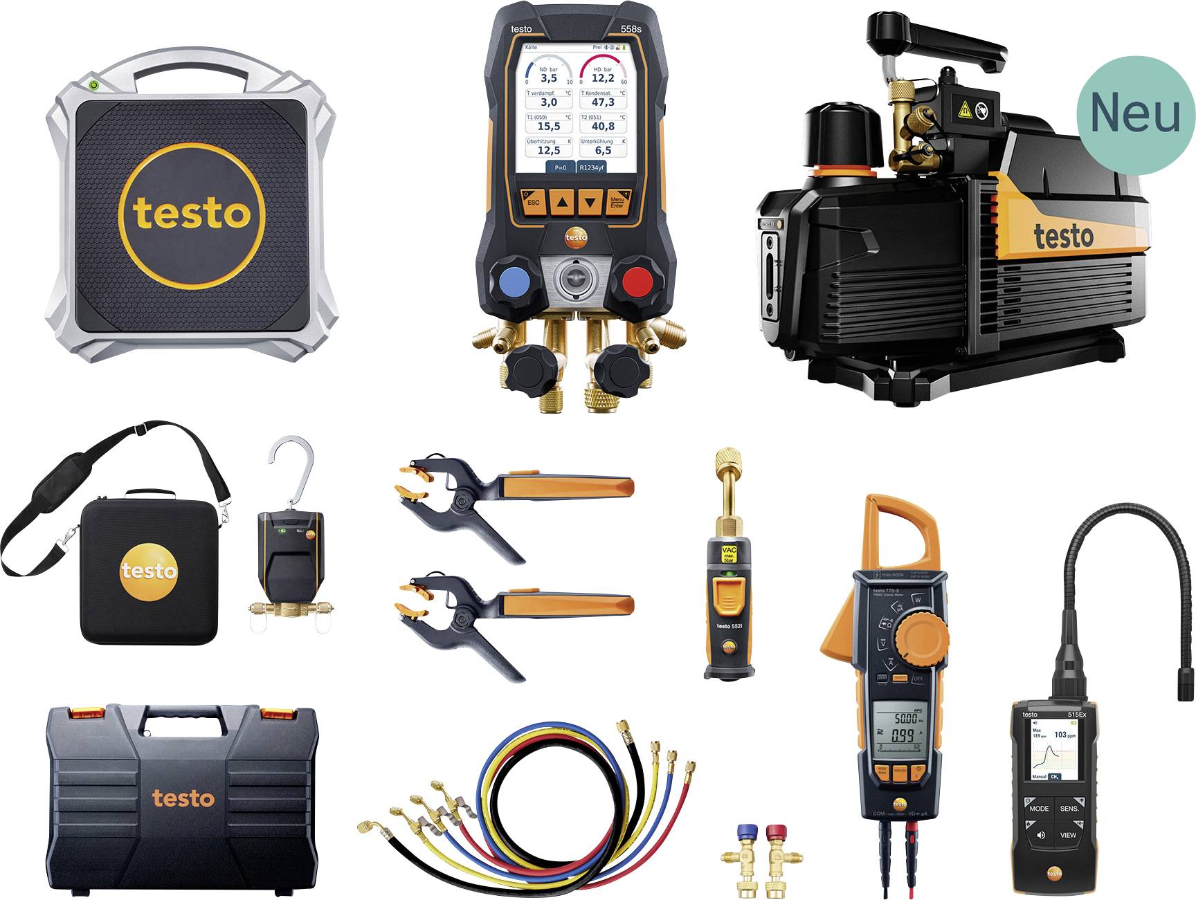 Collage von Testo HVAC- und Kälteanlagenwerkzeugen: Vakuumpumpe, digitales Manometer, Messfühler, Klammern, Kabelset und Transportkoffertaschen, mit einem 