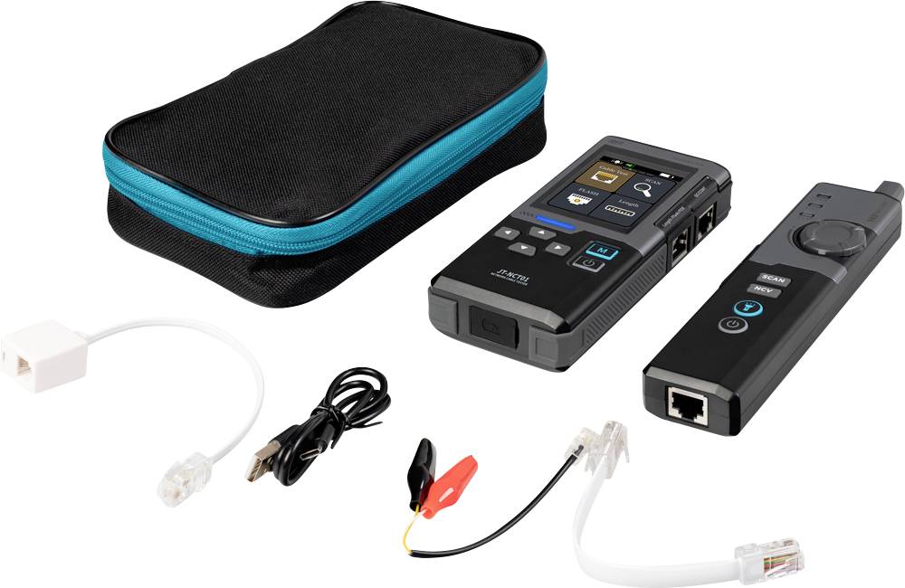 Netzwerkkabel-Testerset mit Transportkoffer, Hauptprüfgerät und Ferneinheit, USB-Kabel, Krokodilklemmen und Ethernet-Adapter/Zubehör.
