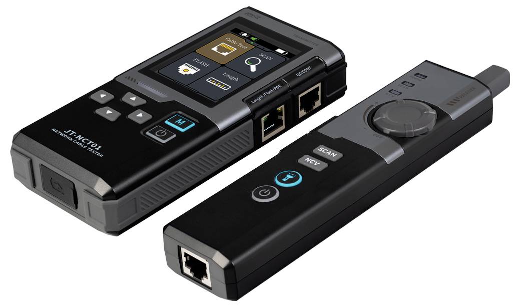 Zwei tragbare Netzwerktester auf weißem Hintergrund, darunter eine größere Einheit mit Touchscreen und ein kleineres Kabelprüfgerät mit Wählscheibe und Ethernet-Anschlüssen.