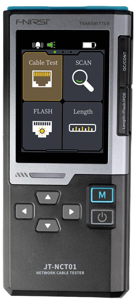 Tragbares FNIRSI JT-NCT01 Netzwerkkabeltestgerät mit Touchscreen mit den Funktionen Kabelprüfung, Scan, Flash und Längenmessung.