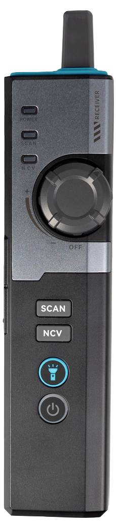Tragbarer schwarz-grauer tragbarer Detektor mit Antenne, großem Zifferblatt, Scan- und NCV-Tasten, Taschenlampen-Symbol und Stromschalter.