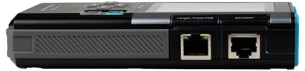 Schwarzer Linksys/EasyLink-Router oder Modem mit zwei Ethernet-Anschlüssen auf der Vorderseite und einer blau leuchtenden Taste auf der Oberseite.