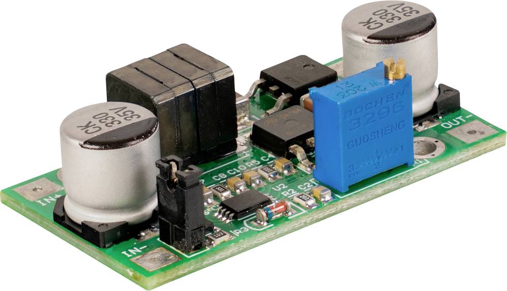 Leiterplatte mit einem blauen verstellbaren Potentiometer, zwei Kondensatoren und anderen elektronischen Komponenten auf einer grünen Platine