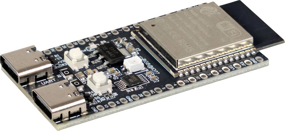 Kleine ESP32 USB-Entwicklungsplatine mit zwei USB-C-Anschlüssen, Schaltflächen und einem metallgeschirmten Modul auf einer schwarzen Leiterplatte.