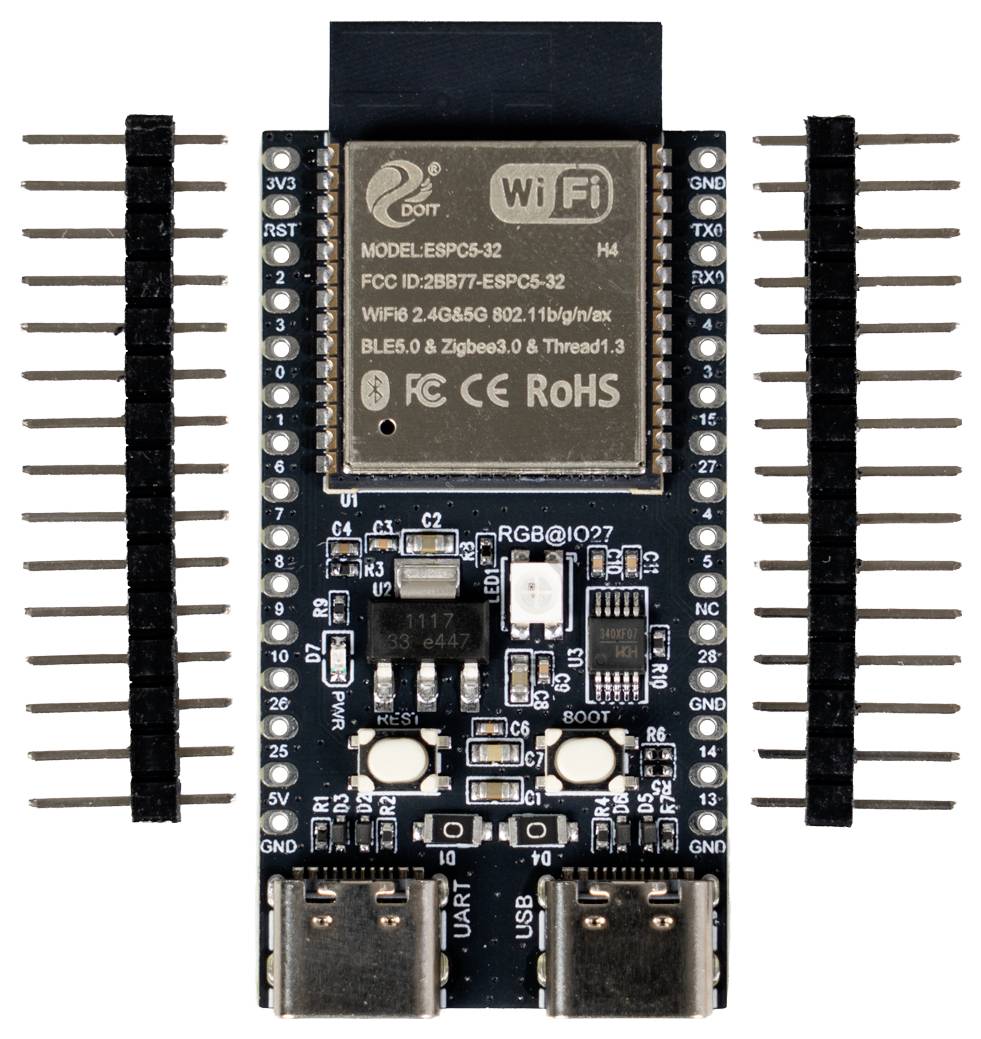 ESP32-S3 Wi-Fi-Entwicklungsplatine mit dualen USB-C-Anschlüssen, Stiftleisten und beschrifteten Komponenten auf weißem Hintergrund.