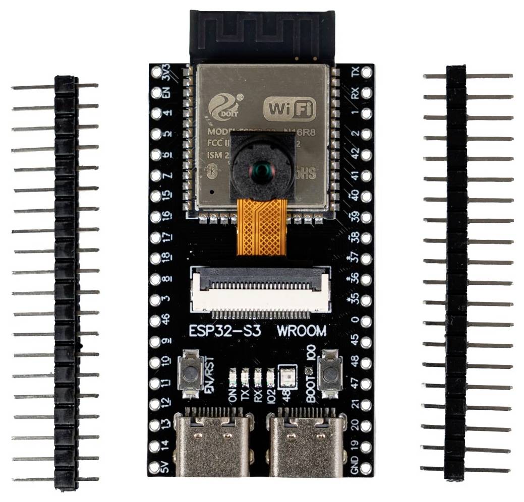 ESP32-S3 WROOM Entwicklungsplatine mit Kameramodul in der Mitte, flankiert von zwei separaten Stiftleistenstreifen auf beiden Seiten.