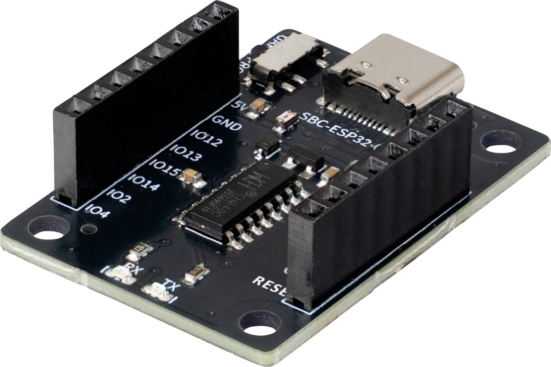 Nahaufnahme eines ESP32-Breakout-Boards mit USB-C-Anschluss, Steckerleisten und beschrifteten GPIO-, Stromversorgungs- und Reset-Verbindungen.