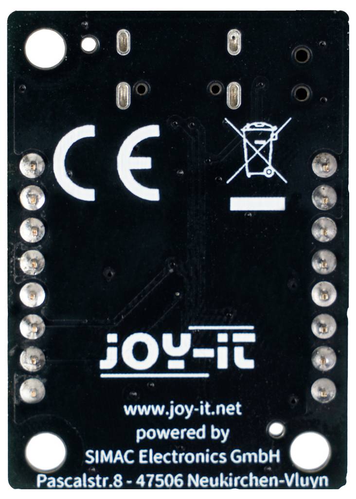 Nahaufnahme einer schwarzen elektronischen Leiterplatte mit CE- und durchgestrichenem Behältersymbol, beschriftet mit „joy-it