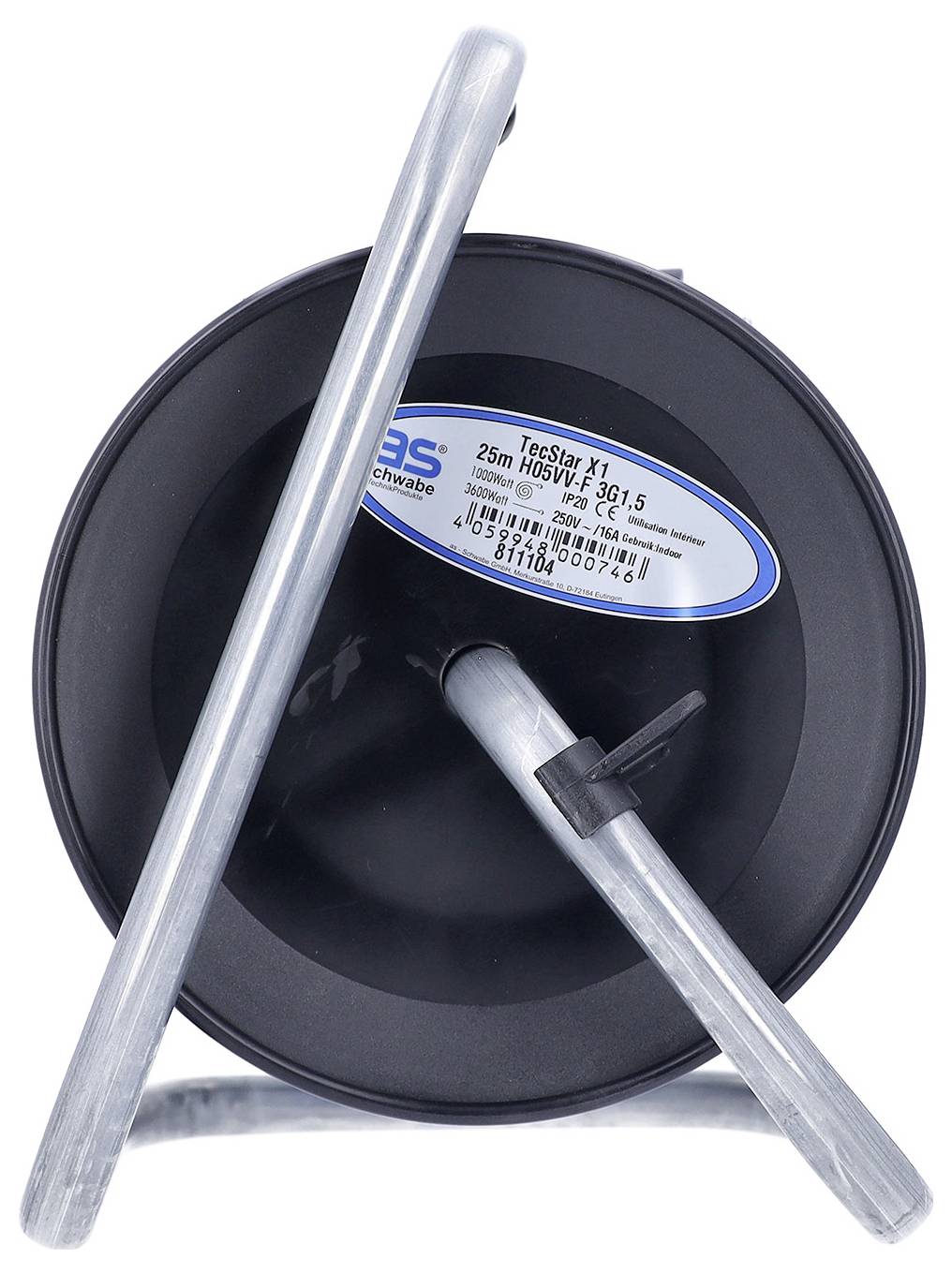 Schwarze Kabelrolle mit Metallgriff und einem sichtbaren Etikett mit der Aufschrift „Teclan X1