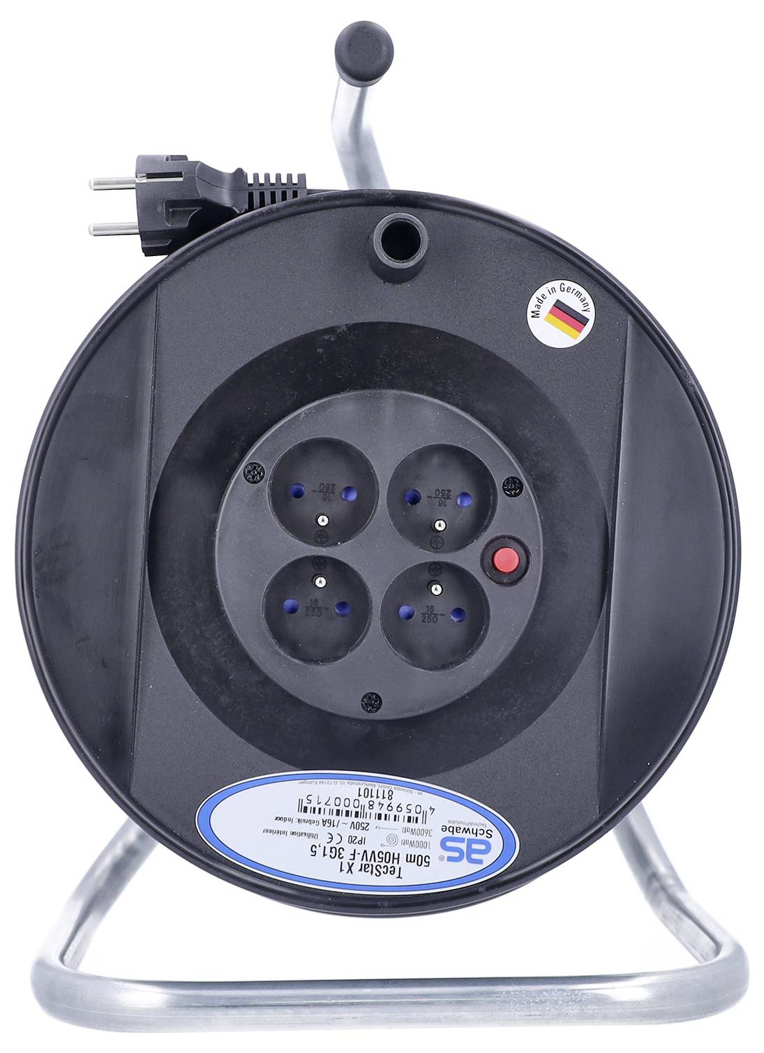 Ein schwarzes Kabelaufroller-Verlängerungsadaptergerät mit vier Steckdosen, Stromstecker und Metallständer.