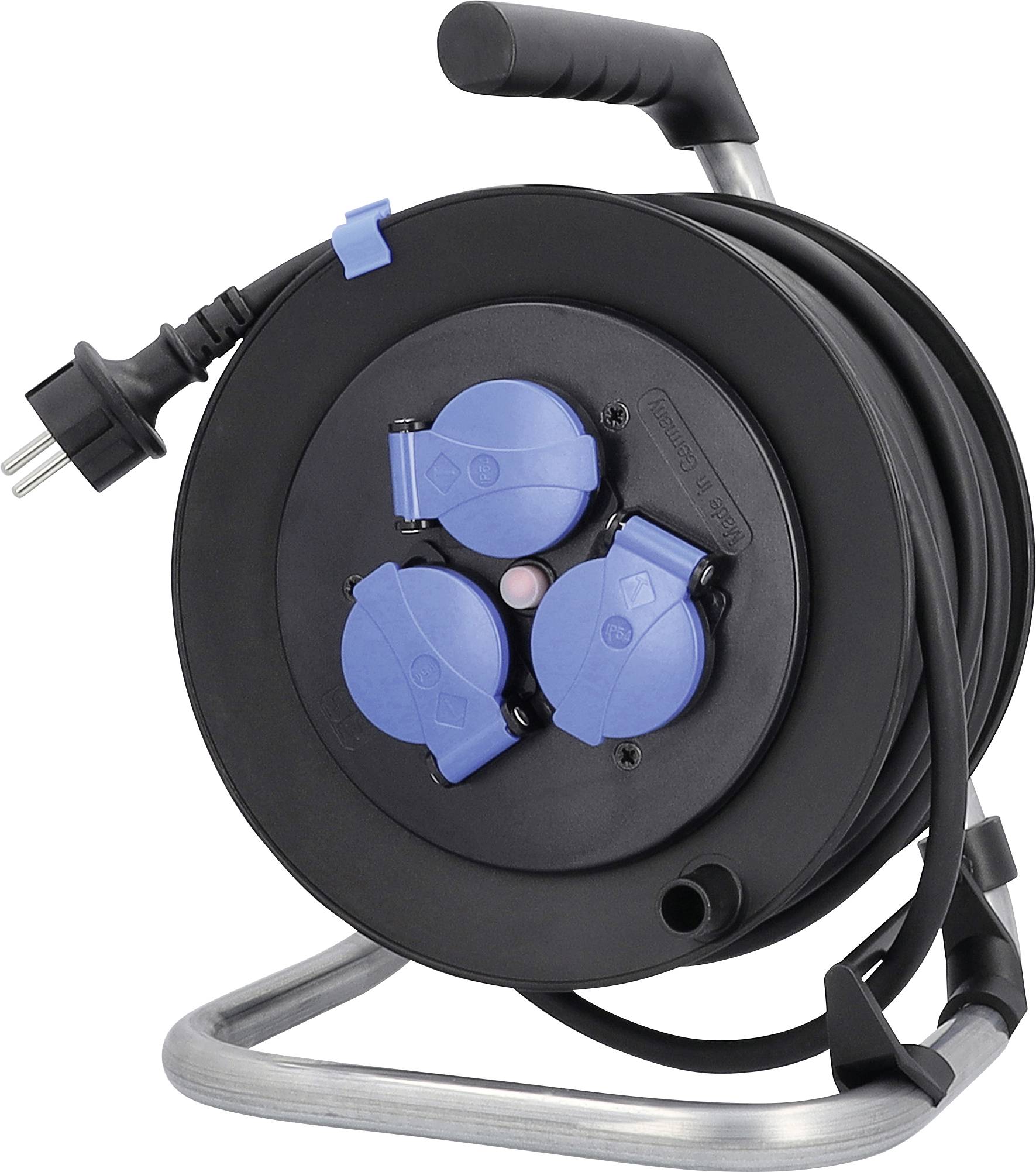 Schwarze Kabelrolle mit drei blauen Stromanschlüssen und einem Stecker, montiert auf einem metallenen Tragegriff.