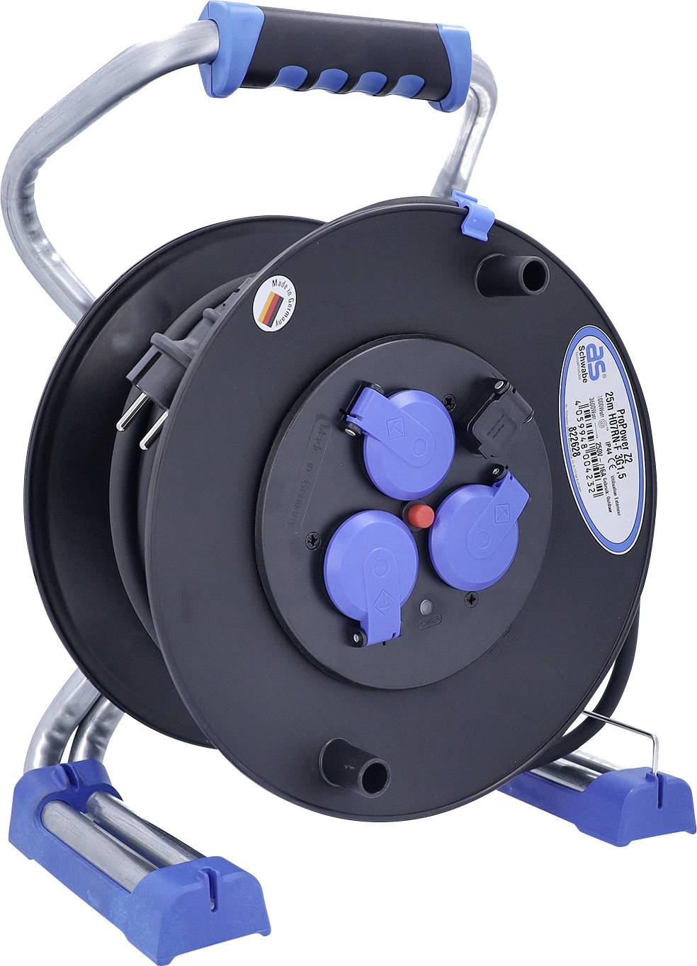 Tragbare schwarze Kabelrolle mit blauen Griffen, Steckdosen und Steckern zum Verlängern von Stromversorgung im Freien oder auf Baustellen.