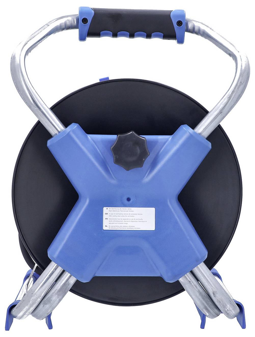 Blau-silberner Schlauchspulenwagen mit schwarzer Spule und oberem Griff, Vorderansicht auf weißem Hintergrund.