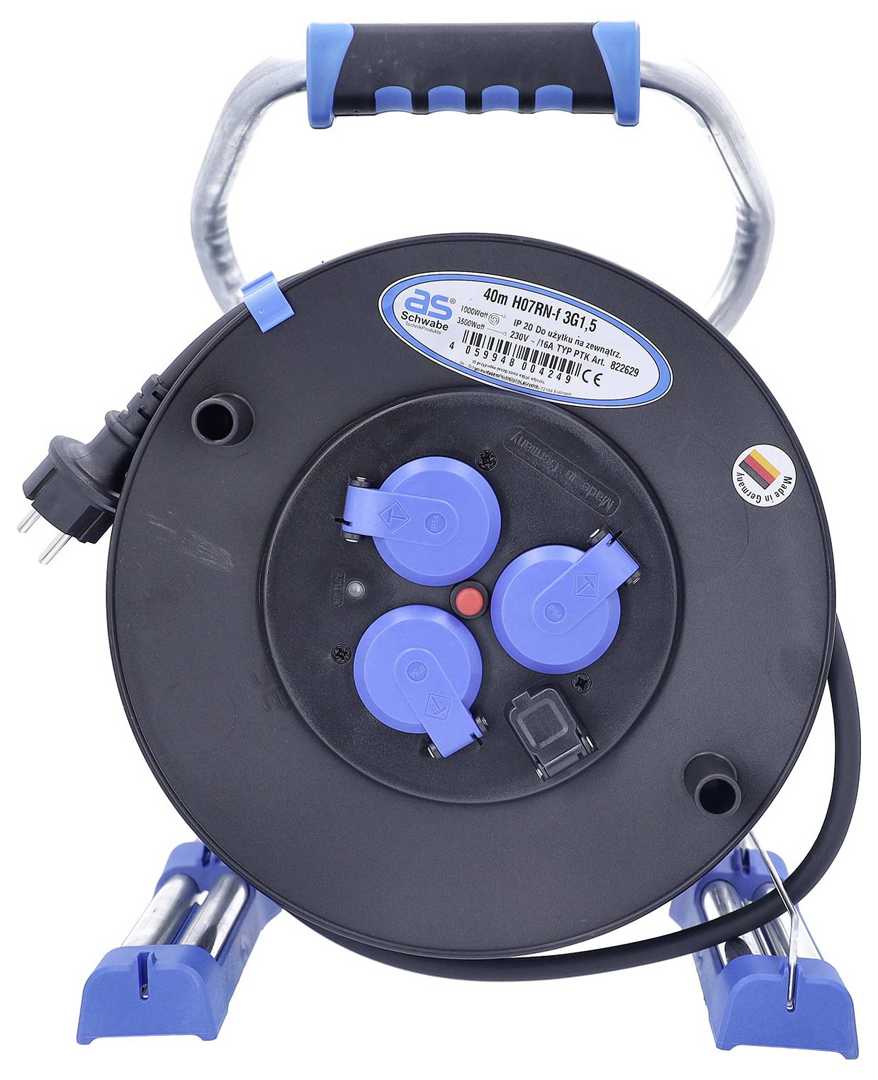 Schwarze Kabelrolle mit blauem Griff, Steckdosen und Stecker, gezeigt auf weißem Hintergrund.