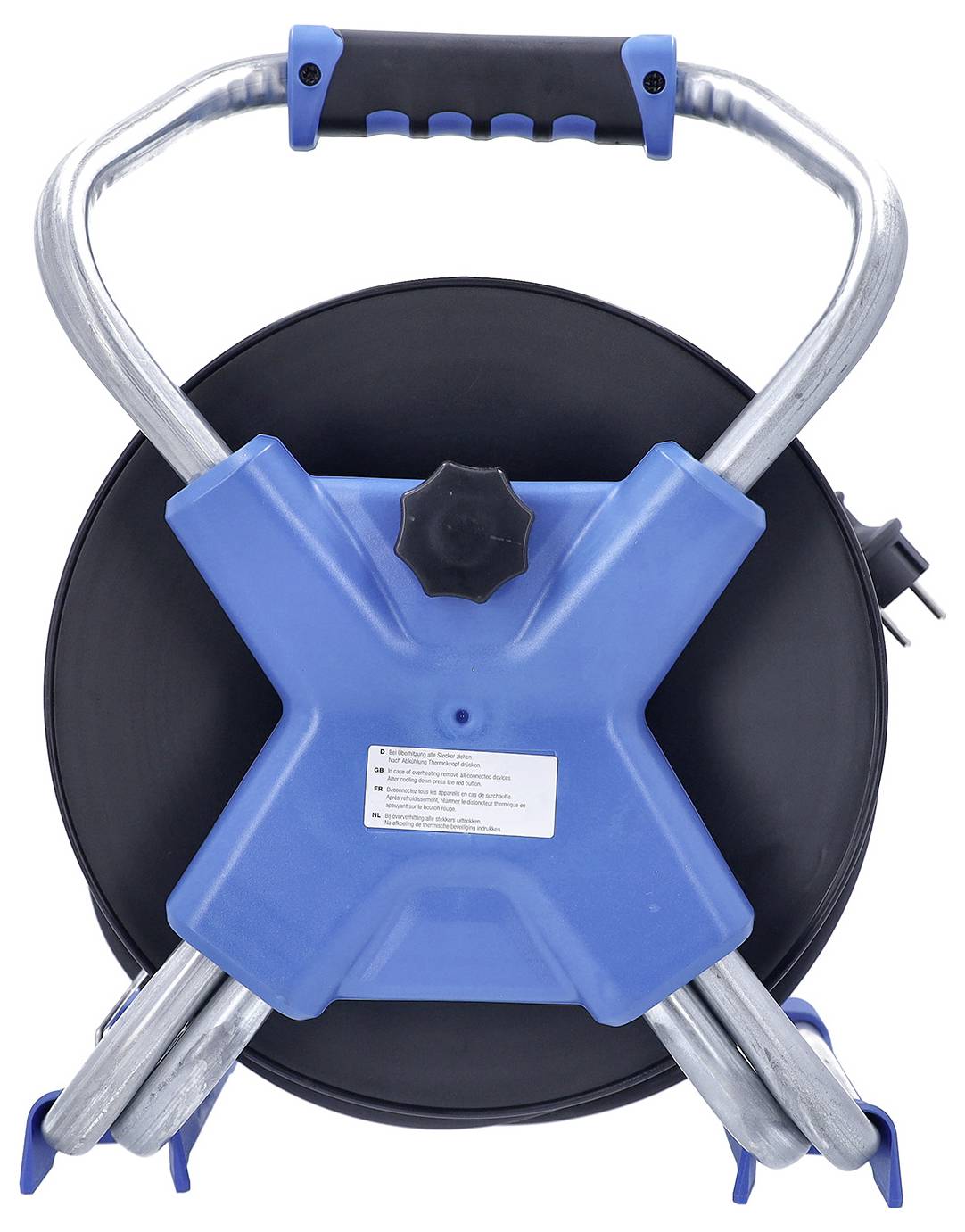 Tragbare Schlauchrolle mit blauem Rahmen und schwarzer Rolle, dargestellt in zusammengeklapptem Zustand mit gekreuzten Metallgriffen an der Vorderseite.